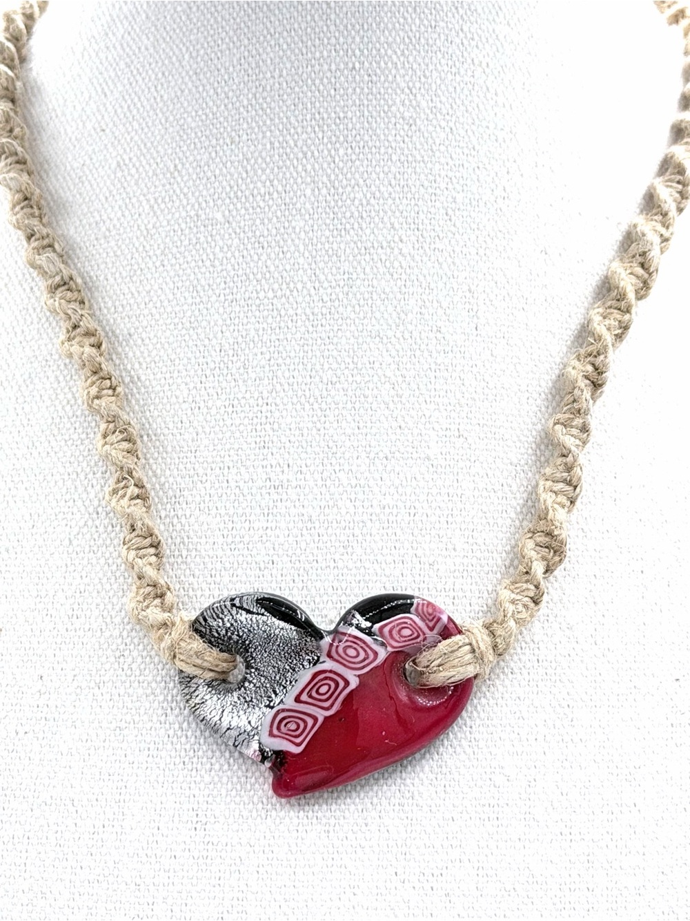 Vintage Artesian Glass Heart Macramé Hemp Cord Necklace Bohemian Hippie Vibe